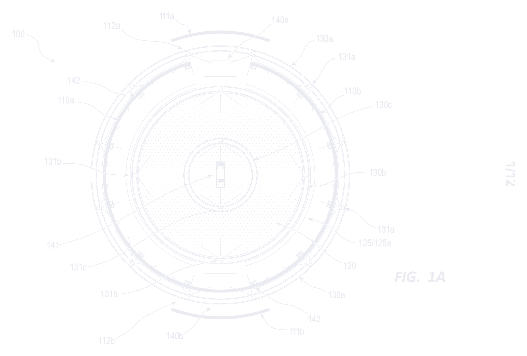 Patent drawing of the 360-degree interactive studio: opposing curved LED screens arranged on a circle beneath circular truss structures, with the performance area at center