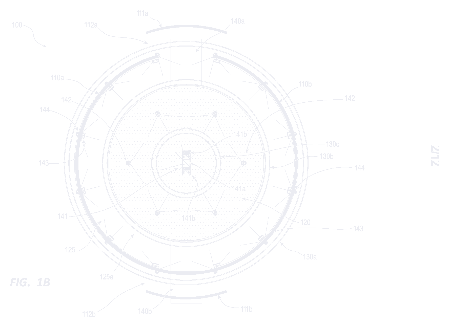 Top-down patent drawing showing four curved screens set on a common circle around the central performance area