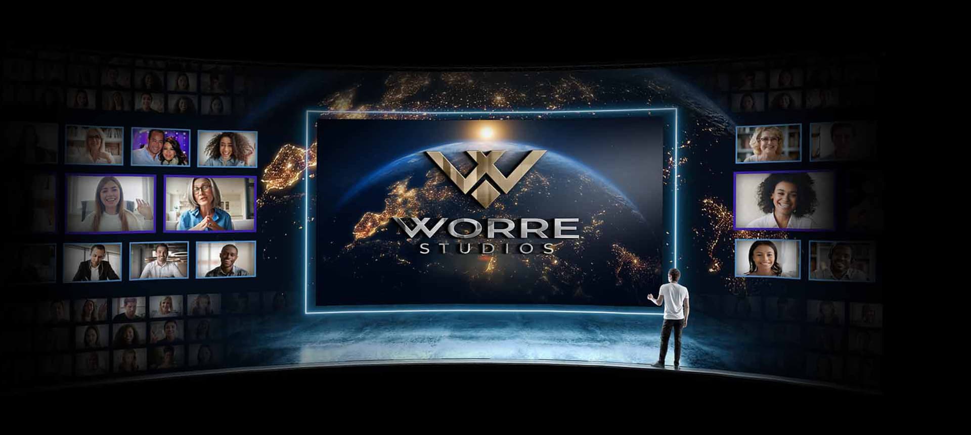 The Worre Studios LED stage displaying a live global audience.