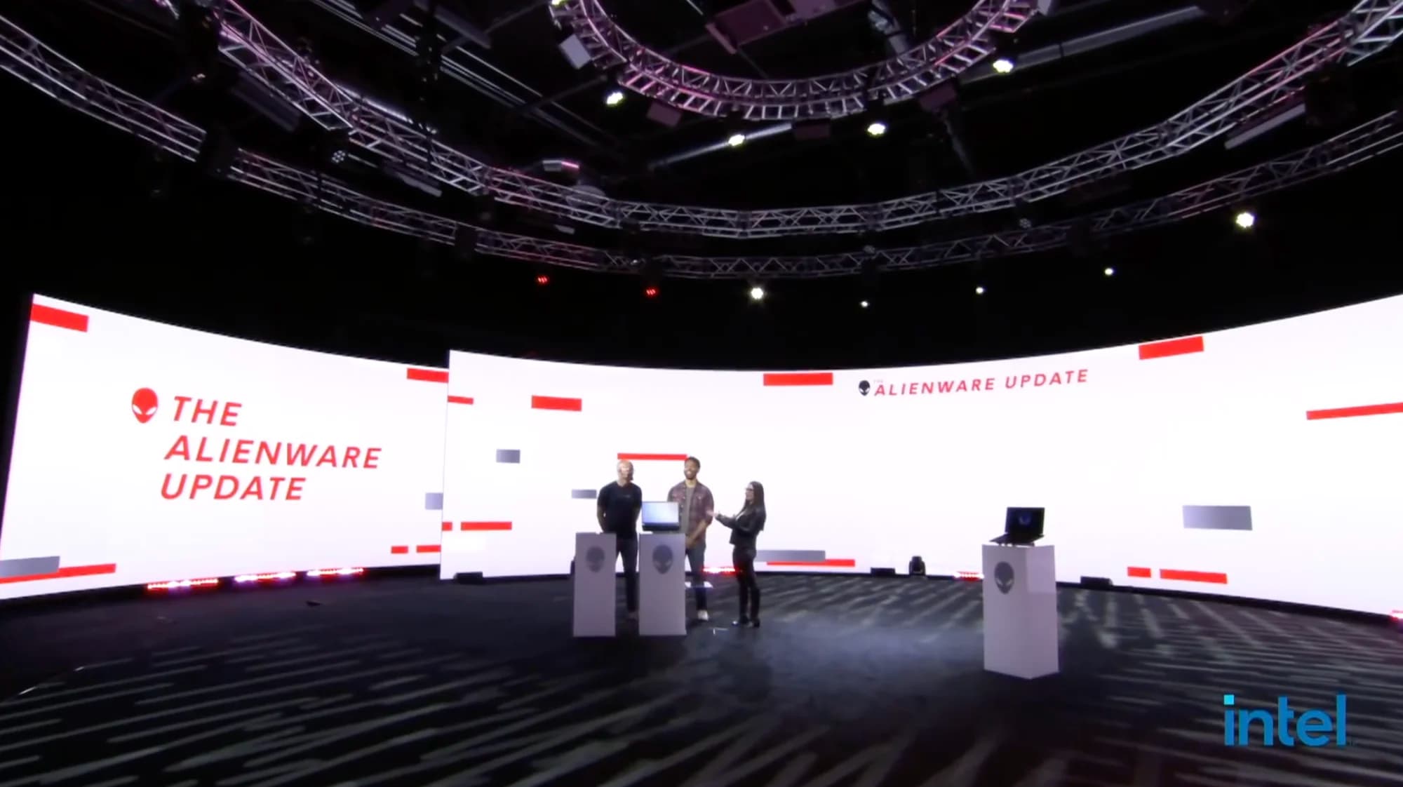 The Alienware Update broadcast live on the 360° LED stage, presenters mid-reveal