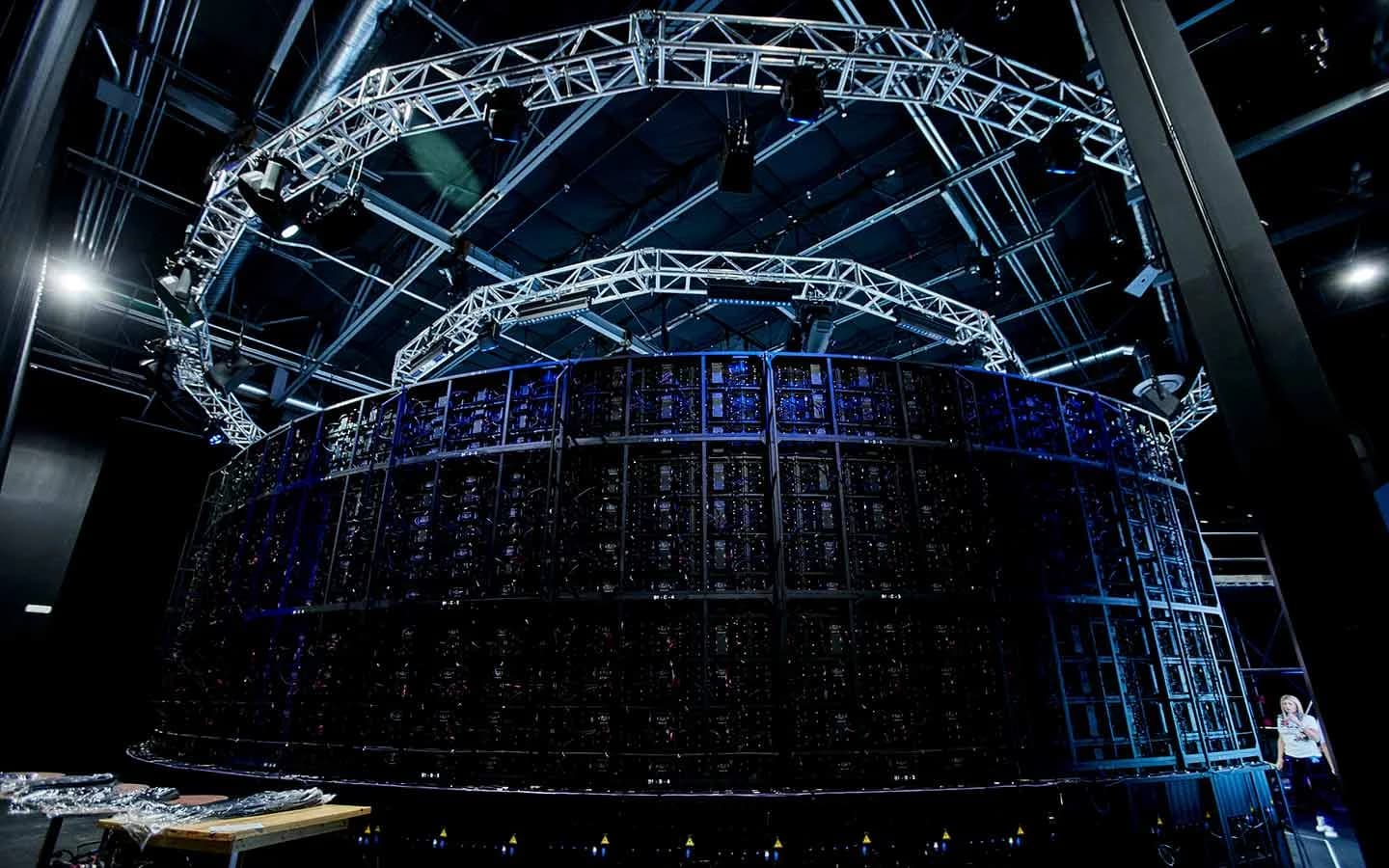 Rigging arcs above the LED volume structure
