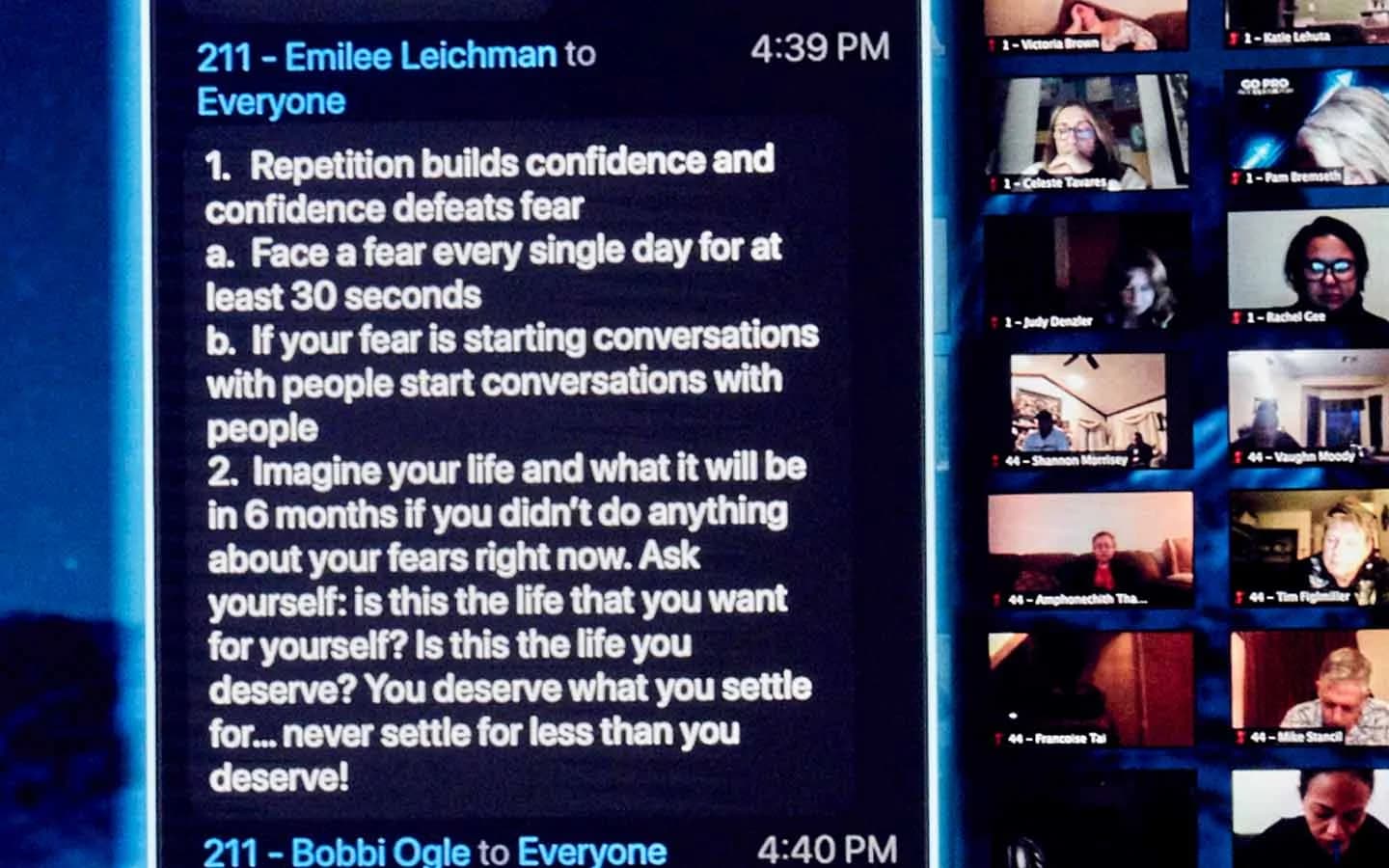 Close-up of the LED wall showing remote participants and a live chat feed during a hybrid production.