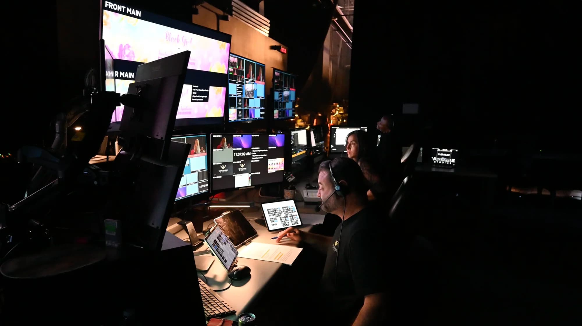 The 360° LED volume lit for a virtual broadcast.