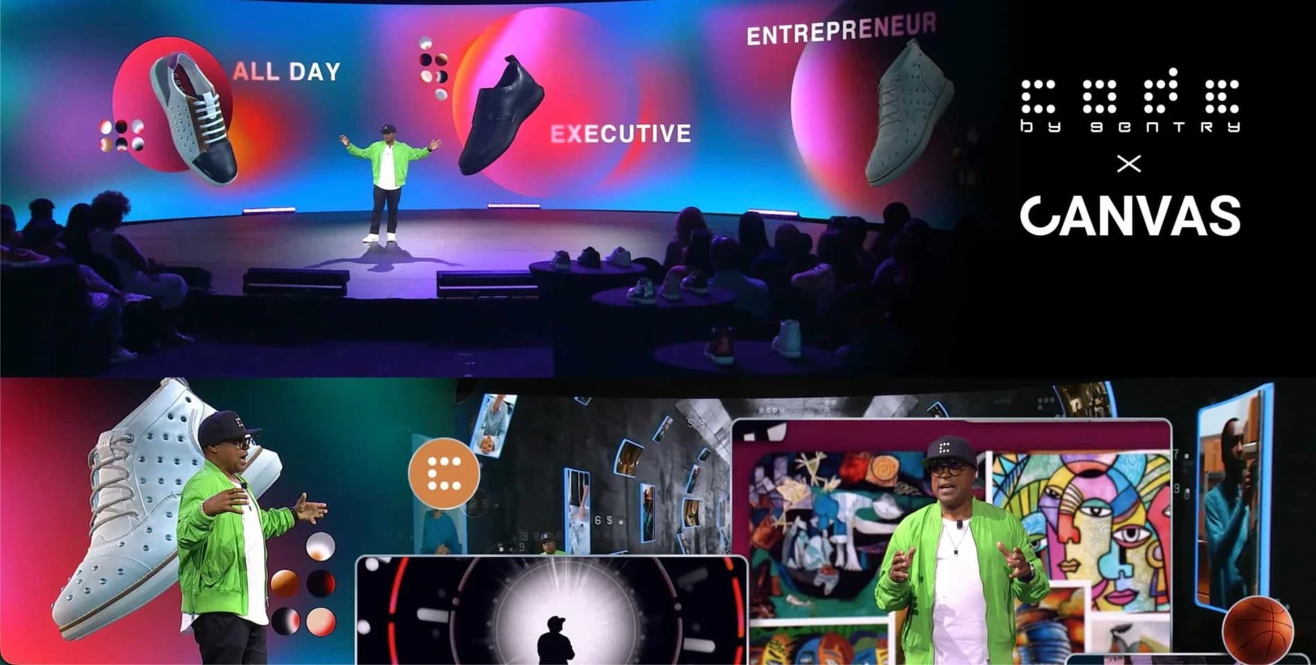 A Cade by Sentry x Canvas product launch on the 360° stage — the presenter surrounded by giant floating sneakers and immersive brand visuals wrapping the LED volume.