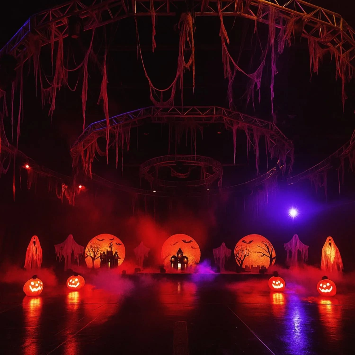 The studio transformed into a Halloween world — glowing jack-o'-lanterns, haunted-house moons, hanging ghosts, and fog under the truss.