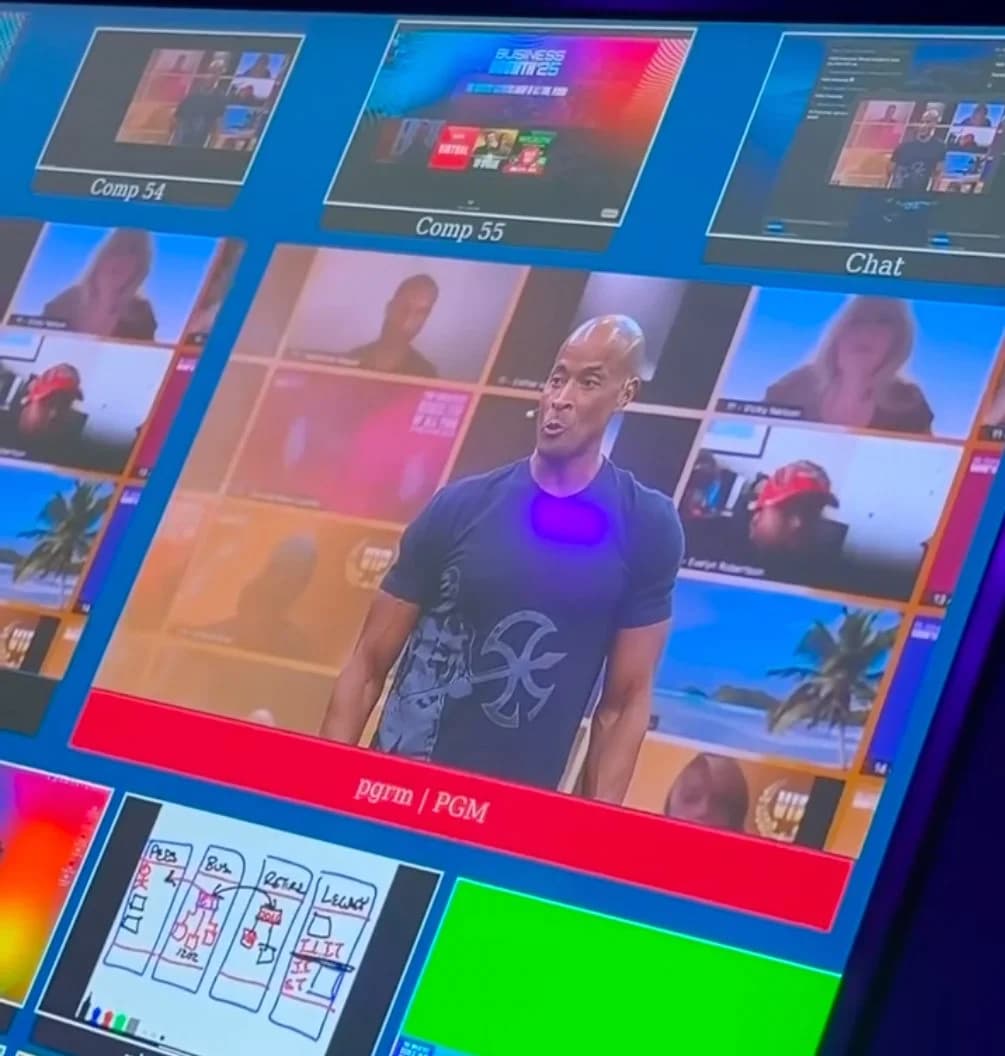 A production monitor showing the live program feed and a grid of remote attendee video tiles.