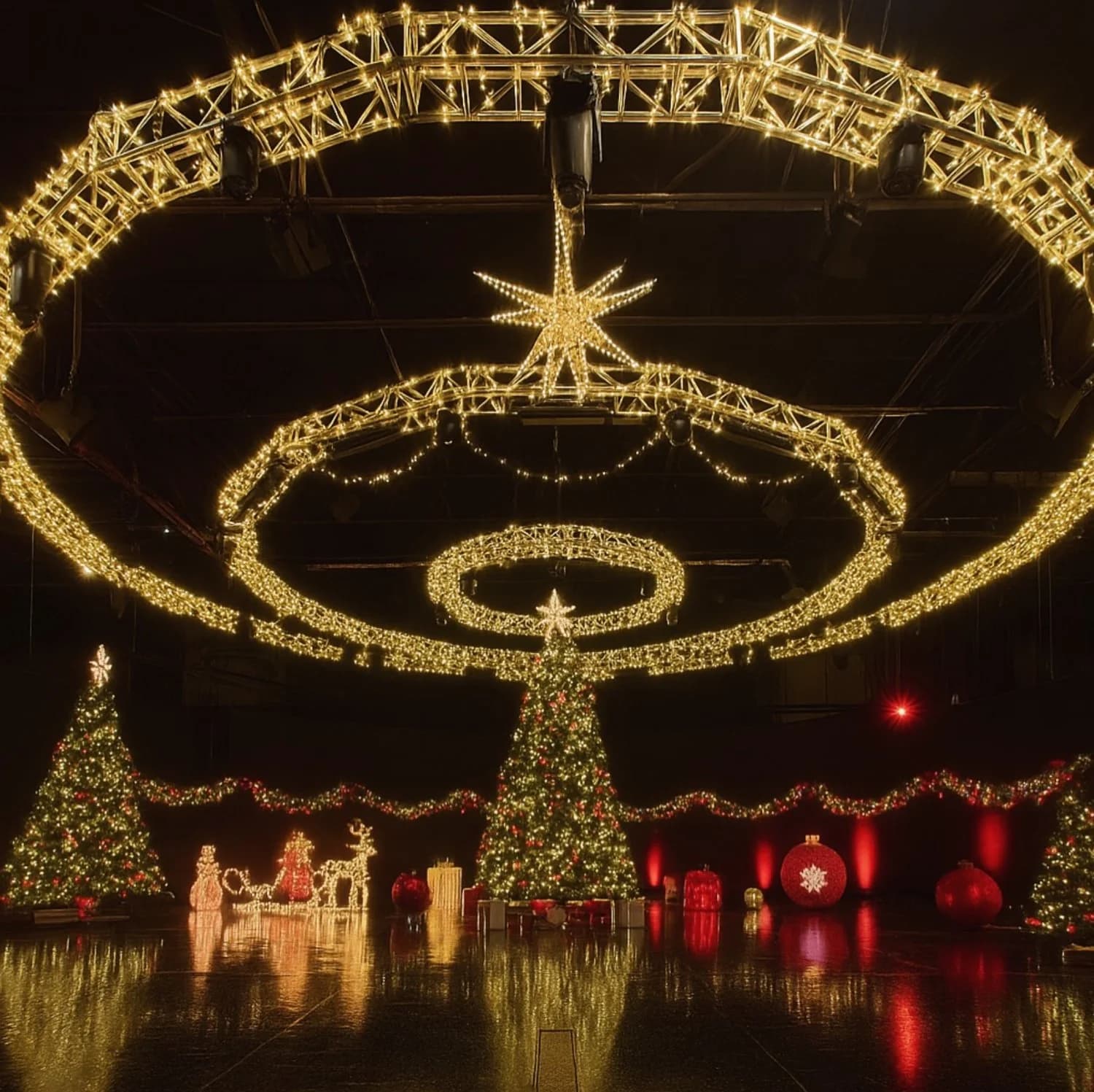 The studio transformed into a golden holiday spectacle — glowing concentric light rings overhead and lit Christmas trees on the reflective floor.