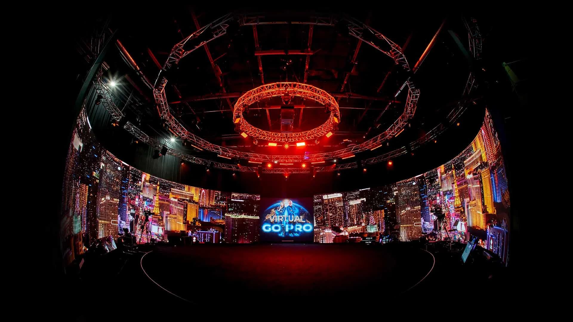 A Las Vegas environment fills the curved LED walls at Worre Studios.