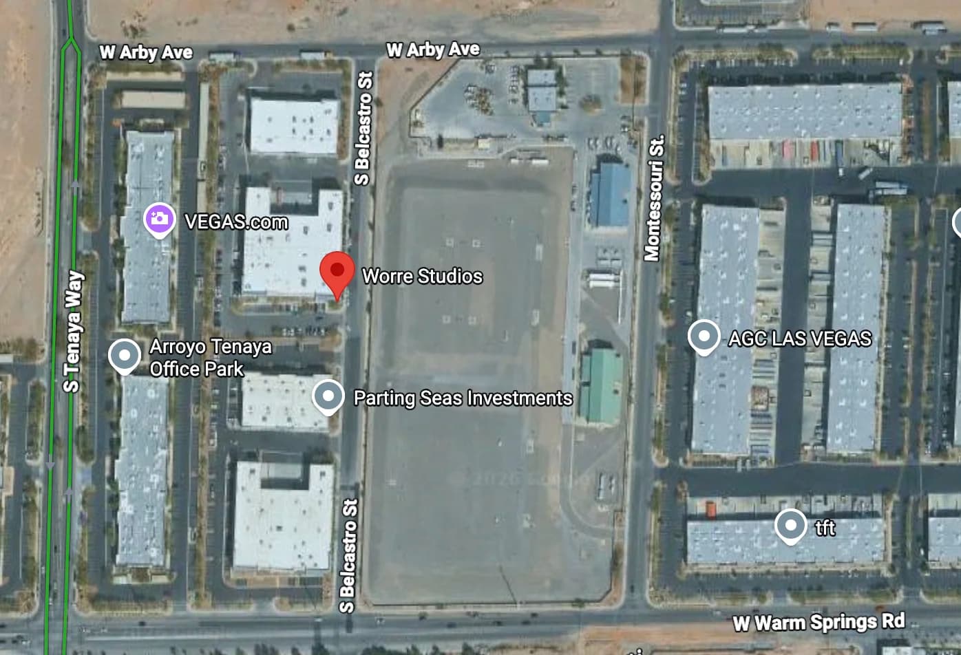 Satellite map showing Worre Studios on S Belcastro Street in southwest Las Vegas.